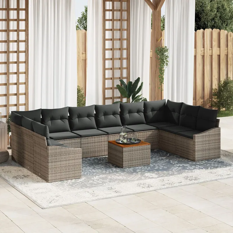 set canapea gradina 11 piese cu perne gri ratan poli acacia
