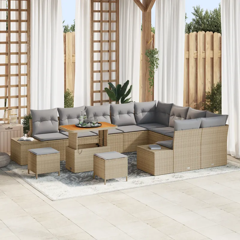 Set canapele gradina 12 piese cu perne bej poliratan acacia, set dining gradina 3 piese cu perne bej poliratan acacia, canapea gradina doua locuri cu perne bej poliratan