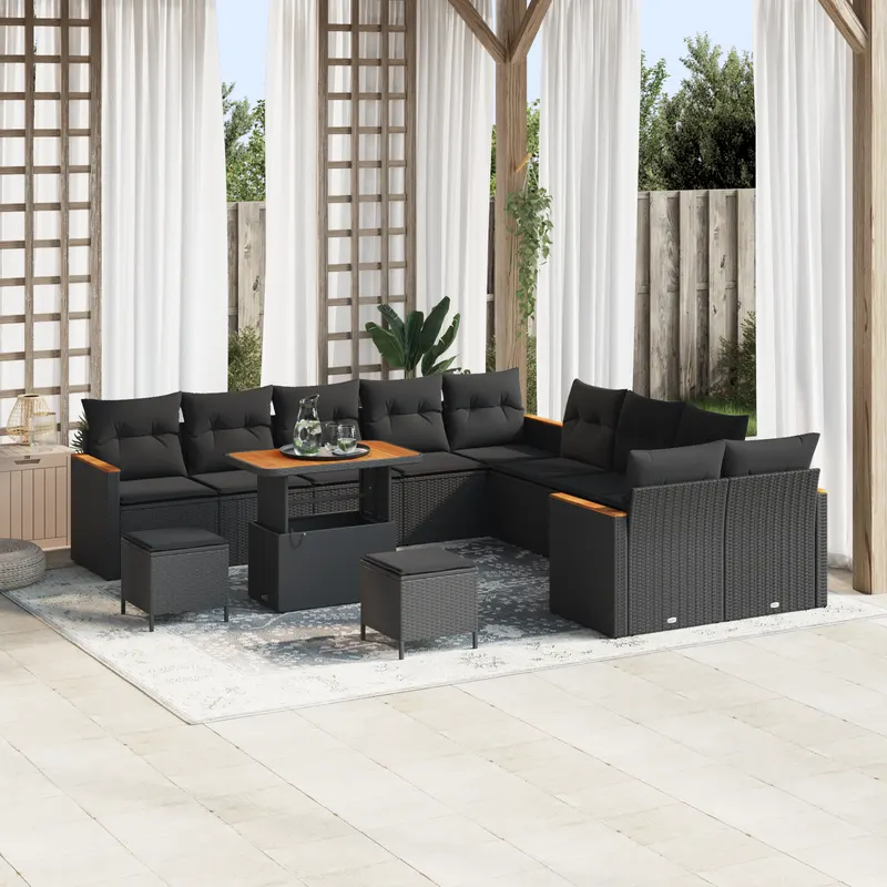 set canapea gradina 13 piese cu perne negru poliratan acacia