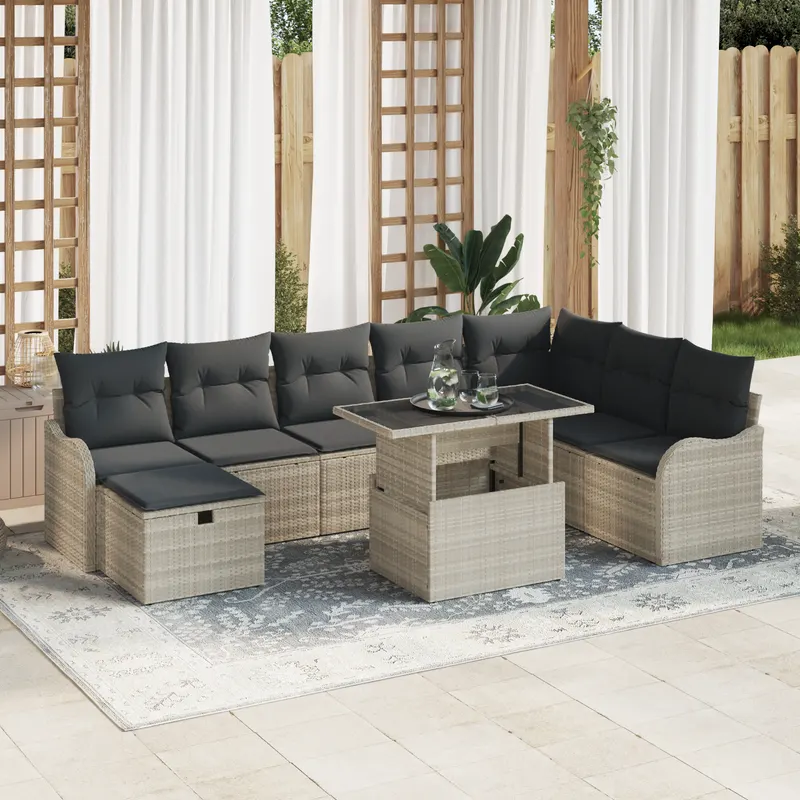 set de canapea de gradina 9 piese cu perne gri deschis poliratan