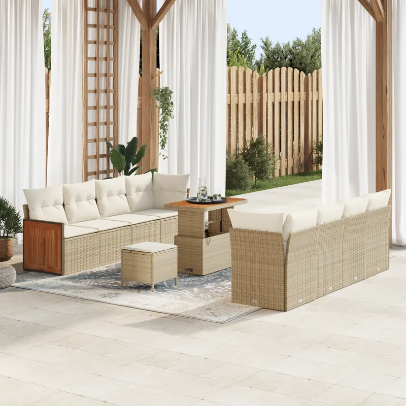 Set canapea gradina 11 piese si perne bej poliratan acacia, set canapea gradina 2 locuri si perne bej poliratan, set dining gradina 3 piese si perne bej poliratan