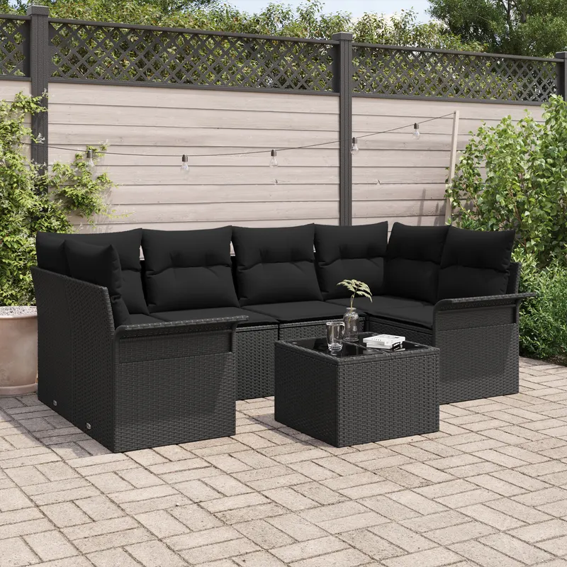 Set canapele gradina 7 piese cu perne, ratan negru, canapea gradina doua persoane cu depozitare si perne, ratan negru
