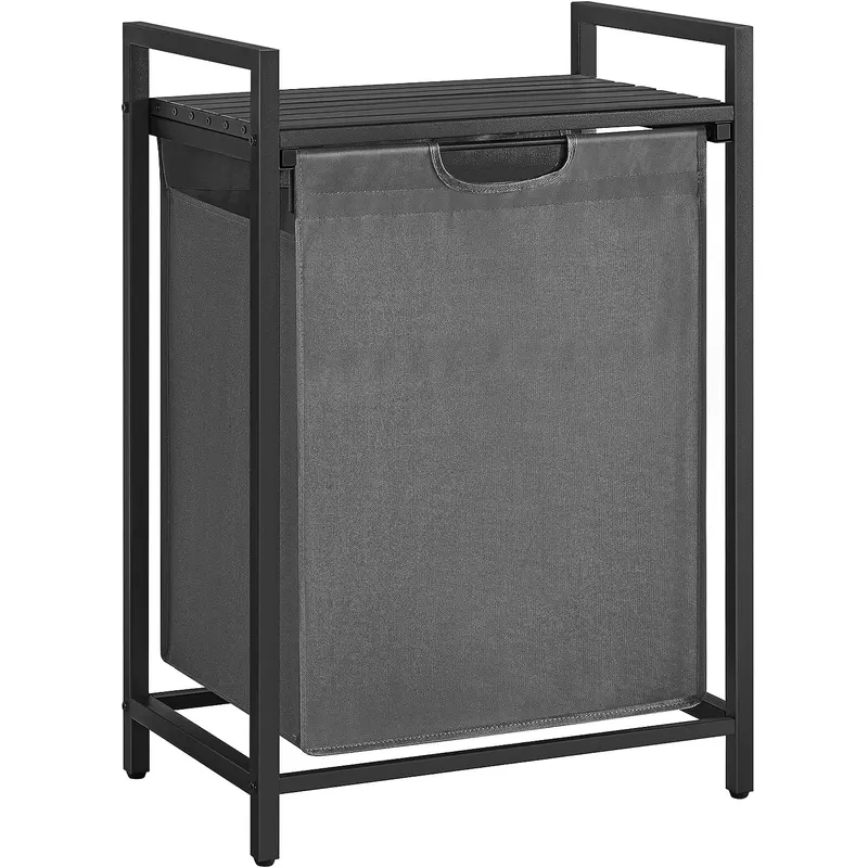 Cos de rufe, sac de rufe detasabil, raft, cadru metalic, 65L, 50x33x72 cm, negru si gri