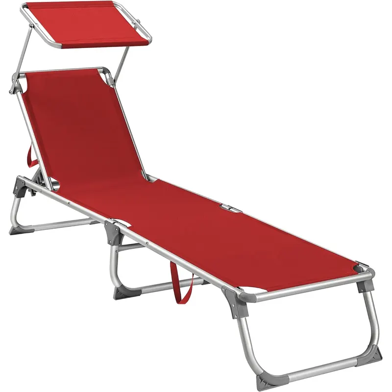 Sezlong pliabil, cadru usor din aluminiu, cu parasolar, spatar reglabil in 5 pozitii, maxim 150kg, 193x55x31cm, rosu