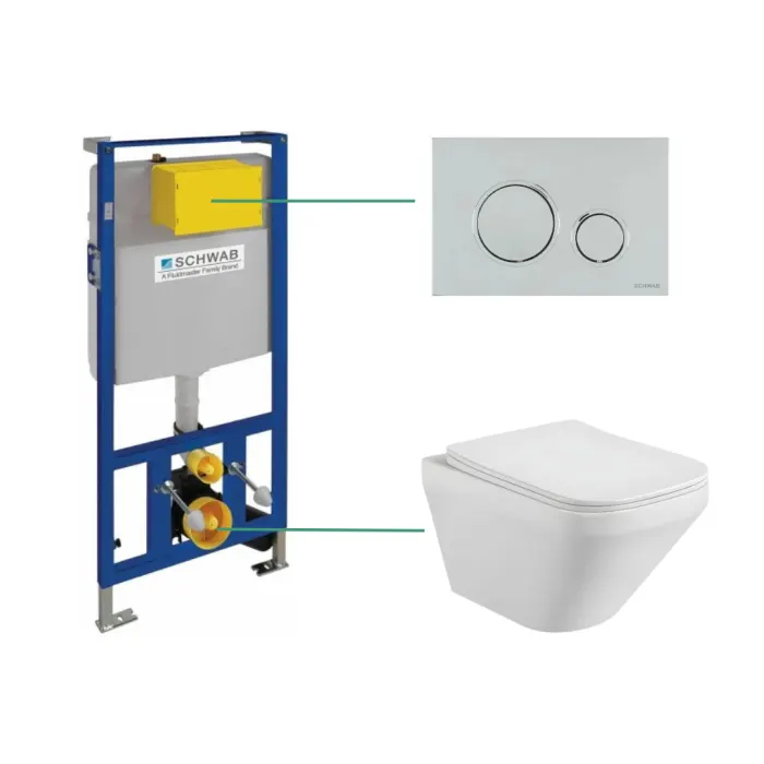 Set vas wc rimless suspendat Bristol cu rezervor incastrat Schwab si clapeta de actionare crom lucios, Schwab Vela