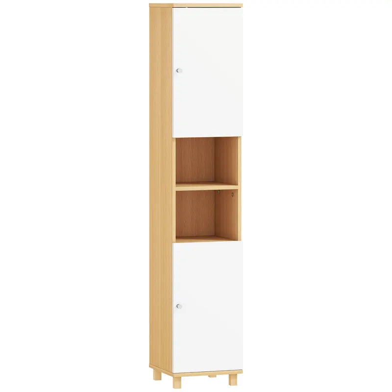 HOMCOM Dulap de Baie înalt cu Uși, 2 Rafturi Deschise, 2 Dulapuri, Dulap de Baie Economisitor de Spațiu cu Rafturi Reglabile pentru Sala de Mese Sufragerie, 30x30x166 cm, Alb și Lemn