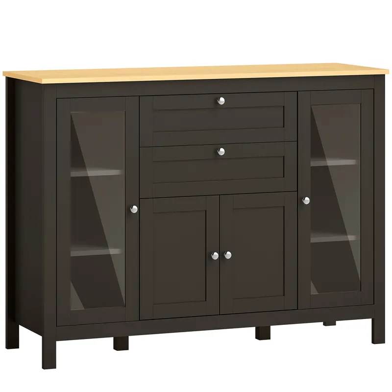 HOMCOM Bufet mobilier de depozitare 1 dulap cu uși duble 2 dulapuri cu uși din sticlă 2 sertare raft reglabil 120x40x90cm negru