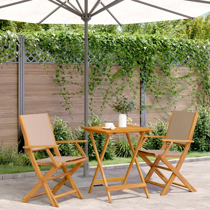 set mobilier bistro, 3 piese, textil taupe/lemn masiv