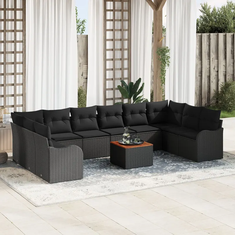 Set de sofa pentru gradina de 11 piese cu pernute ratan negru acacia, sofa pentru gradina cu 2 locuri cu spatiu de stocare & pernute ratan negru