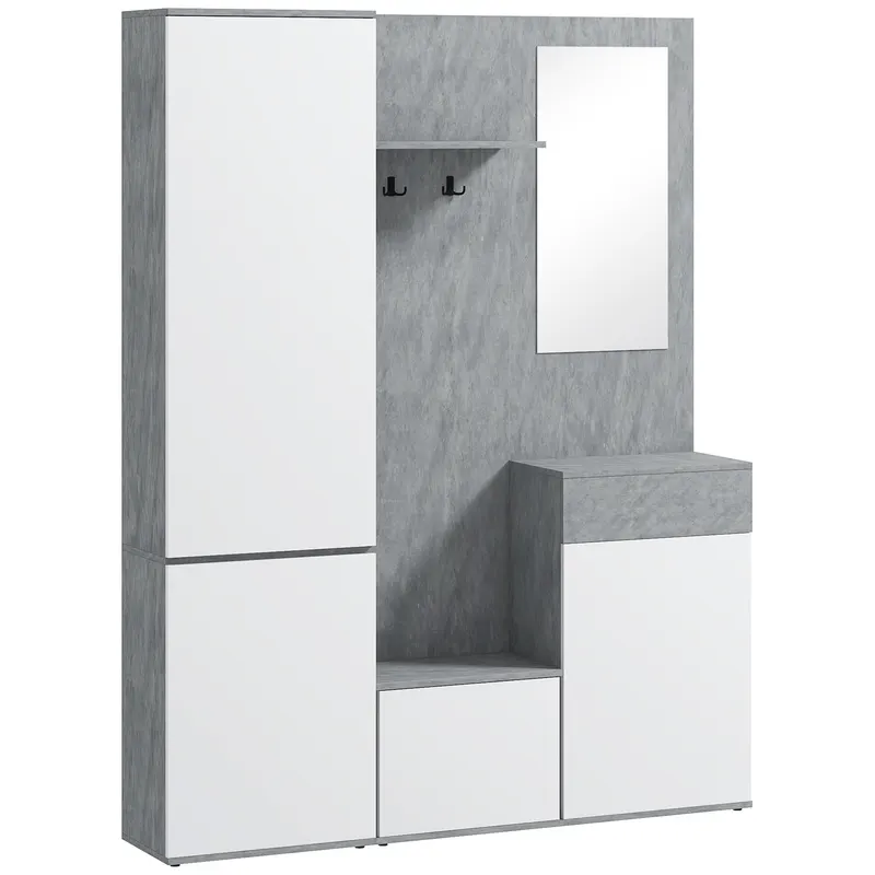 HOMCOM Mobilier 4 în 1 cu Oglindă, Cuiere și Rafturi Interioare Reglabile, Mobilier Multifuncțional, 145x29x184 cm, Gri