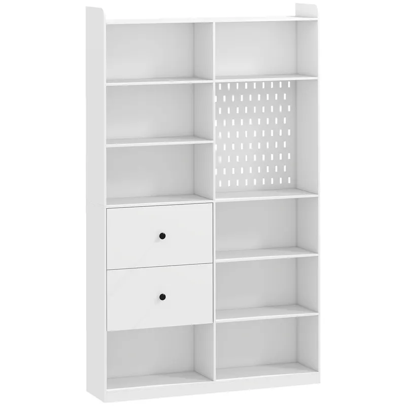 HOMCOM Bibliotecă Dublă cu 6 Niveluri, Sertare și Panou Perforat, Alb