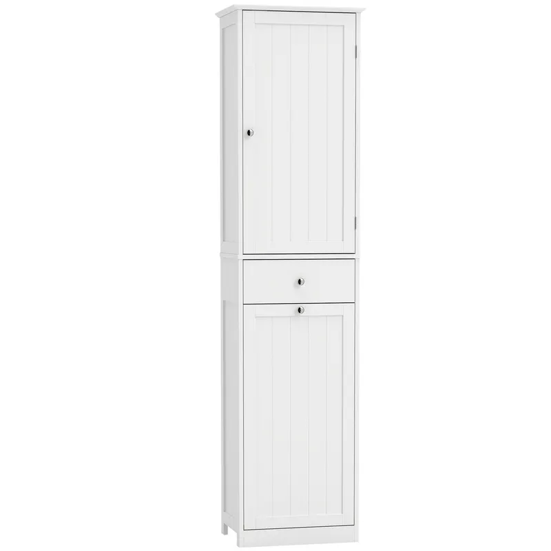 HOMCOM Dulap de baie tip coloană 180 cm cu coș de rufe rabatabil, alb