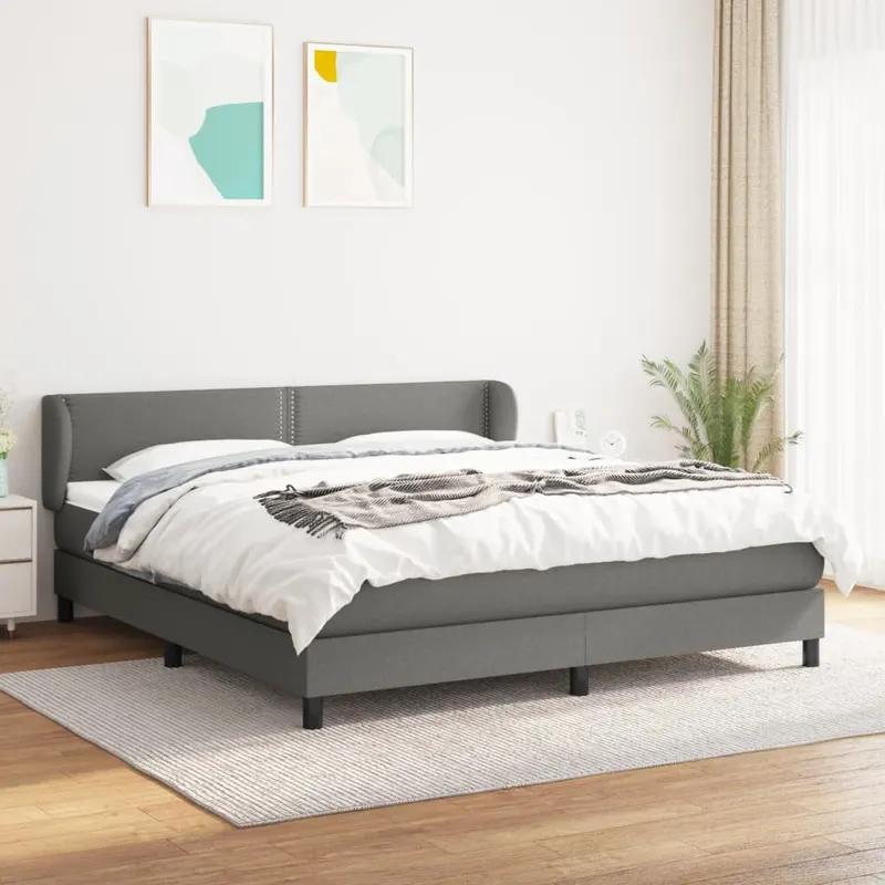 pat box spring cu saltea gri inchis 180x200 cm, material textil
