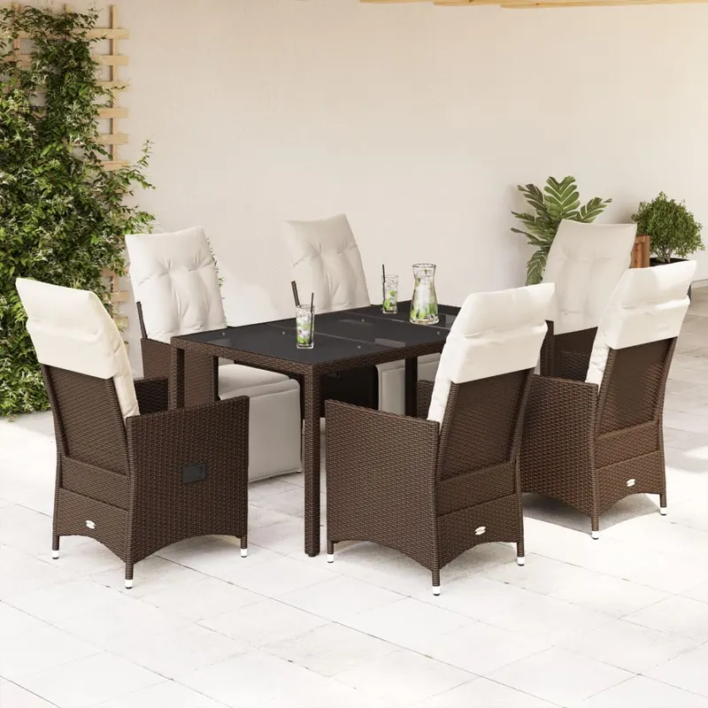 set bistro de gradina cu perne, 7 piese, maro, poliratan