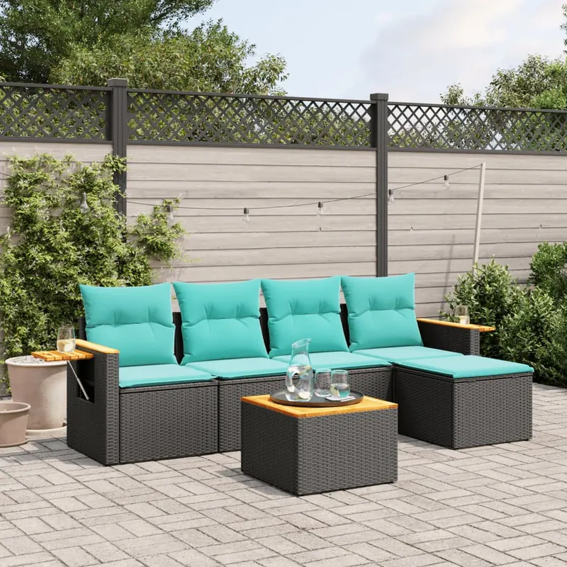 set canapele de gradina cu perne, 6 piese, negru, poliratan