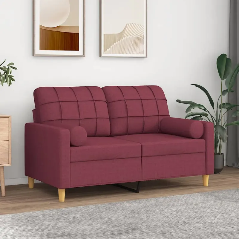 canapea cu 2 locuri cu pernute, rosu vin, 120 cm, textil