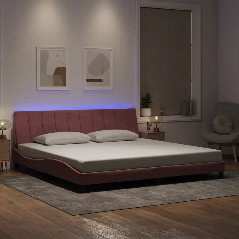 cadru de pat cu lumini led, roz, 200x200 cm, catifea