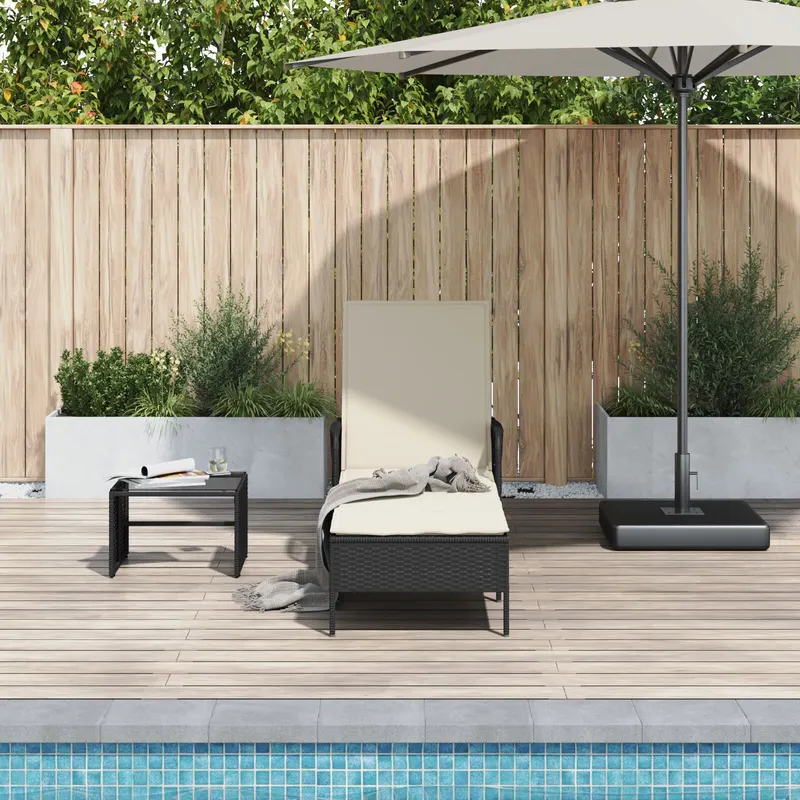 sezlong negru si crem pe rattan 157 x 55 x 92 cm