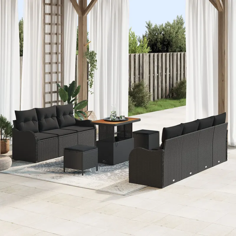 set de 10 piese sofa pentru gradina cu perne negru poliratan acacia, sofa de gradina cu 2 locuri cu depozitare si perne negru poliratan, set de dining pentru gradina cu 3 piese cu perne negru poliratan acacia