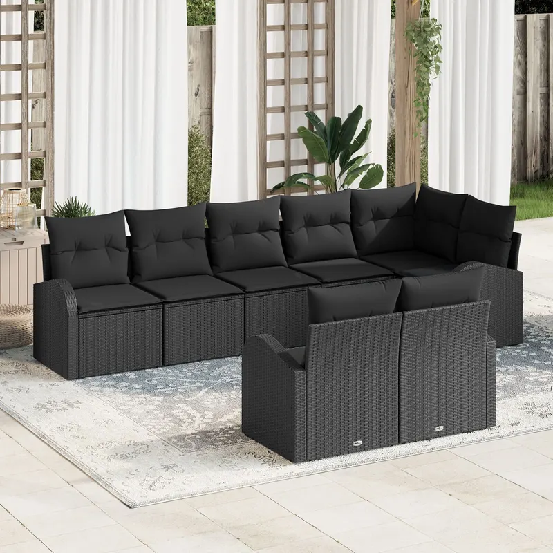 set de canapea de gradina cu 8 piese si perne, ratan negru poliester