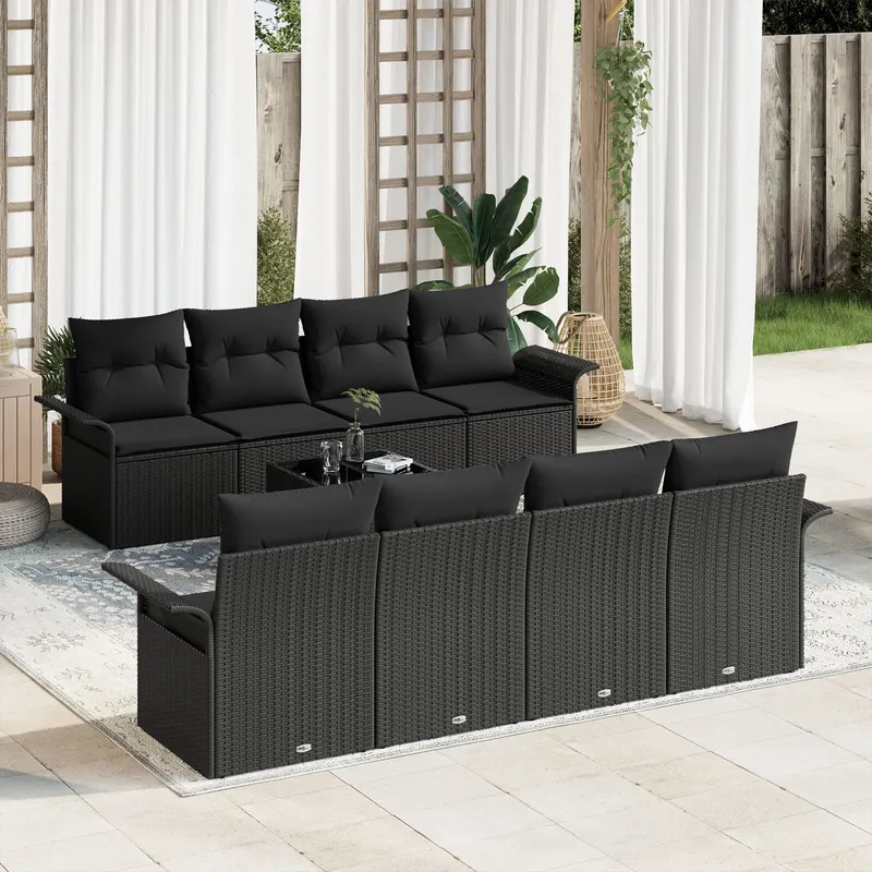 set de 9 piese canapea gradina cu perne, negru, poliratan