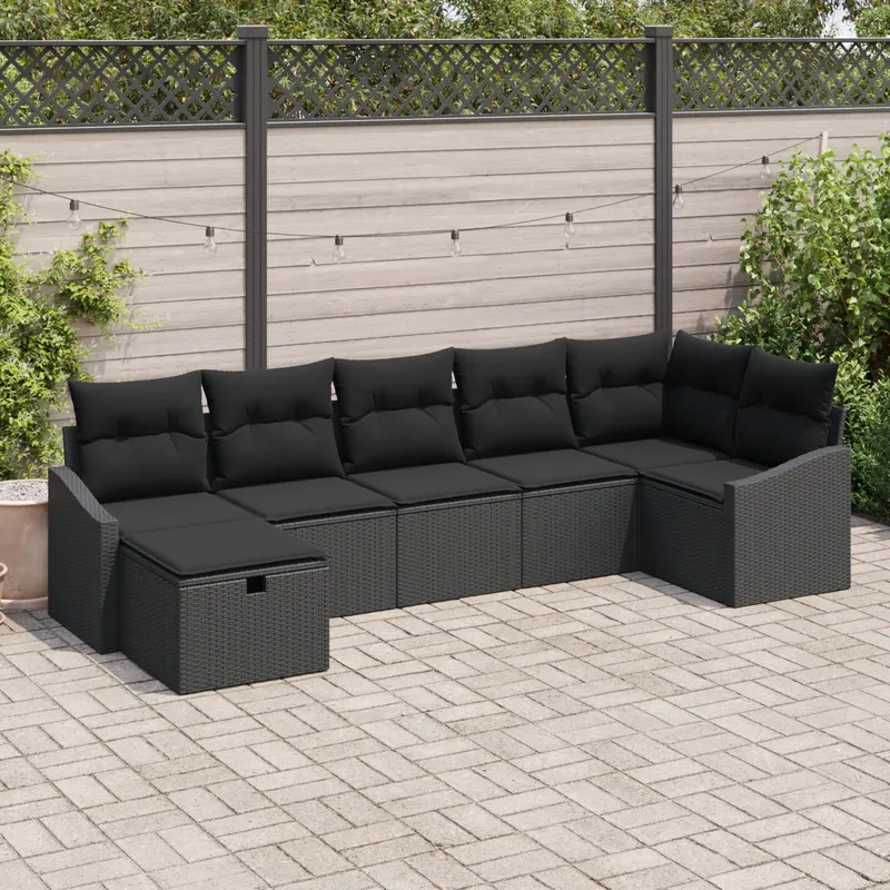 set canapea gradina cu 7 piese cu perne ratan poli negru