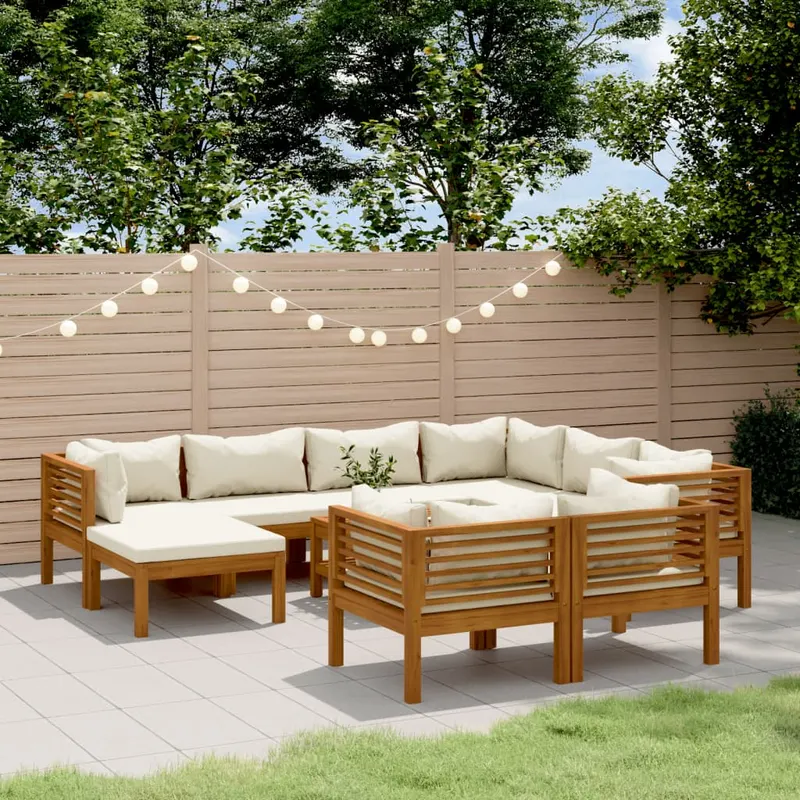 set mobilier gradina cu perne crem 10 piese lemn masiv acacia