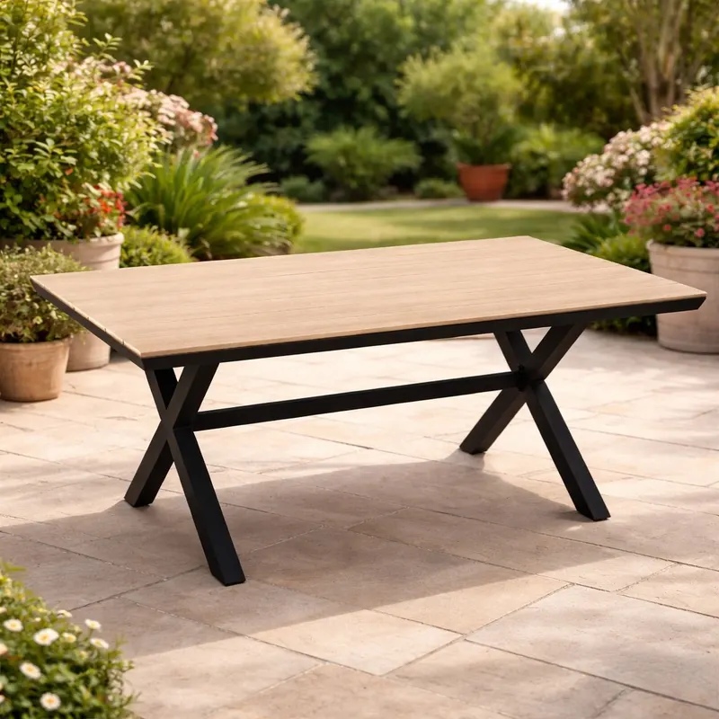 Masa pentru gradina, cadru aluminiu, blat polywood cu aspect de lemn, 180x100x75 cm, maro