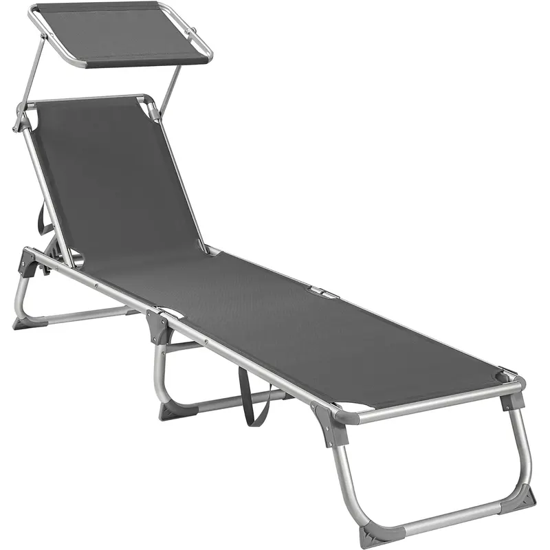 Sezlong pliabil, cu parasolar, spatar reglabil in 5 pozitii, maxim 150kg, 193x55x31cm, gri