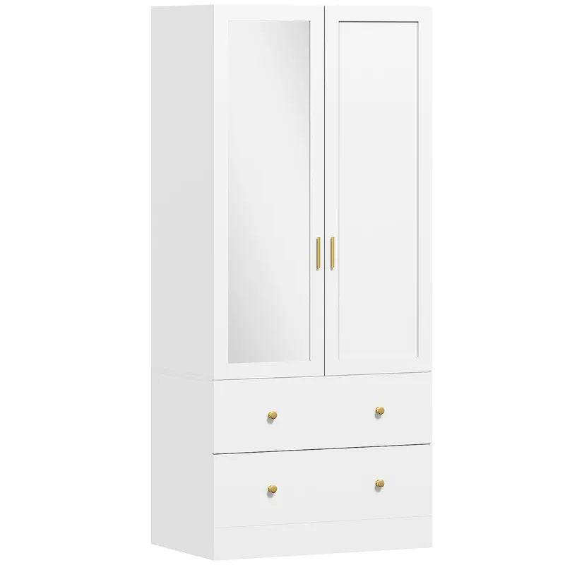 HOMCOM Dulap dormitor cu bară de suspendare și oglindă, 2 uși, 2 sertare, 80 x 50 x 180 cm, alb