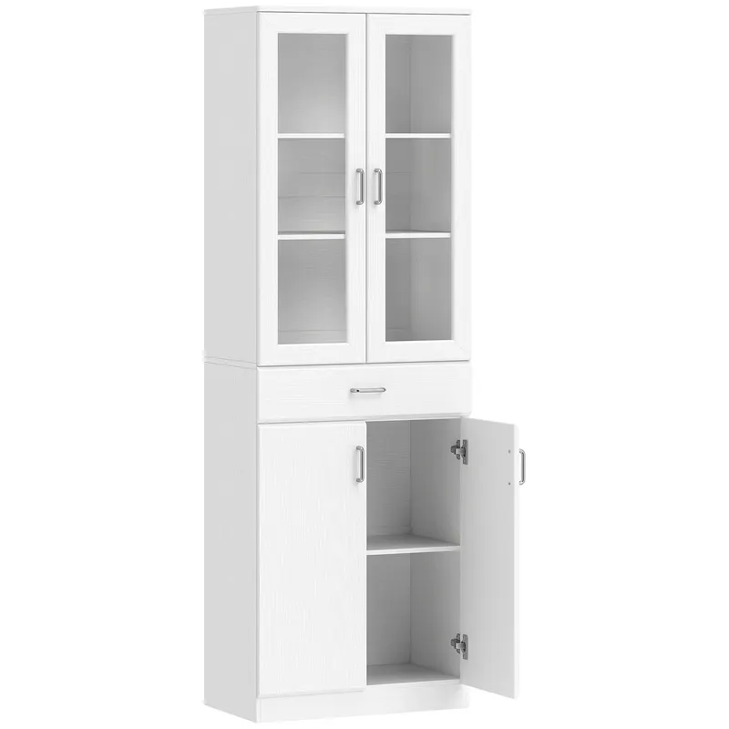 HOMCOM Bufet înalt pentru bucătărie, dulap de bucătărie, 4 uși dintre care 2 din sticlă, sertare, etajere reglabile, 60x35x180cm, alb