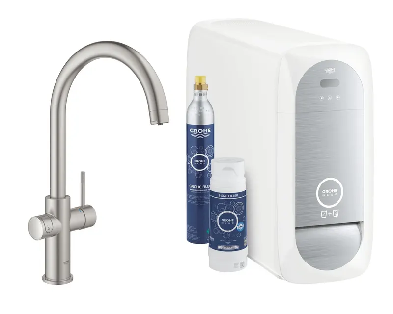 Baterie de bucatarie Grohe 31455DC1, Blue Home, inalta, tip C, filtare, racire, apa carbogazoasa, mat, otel satinat