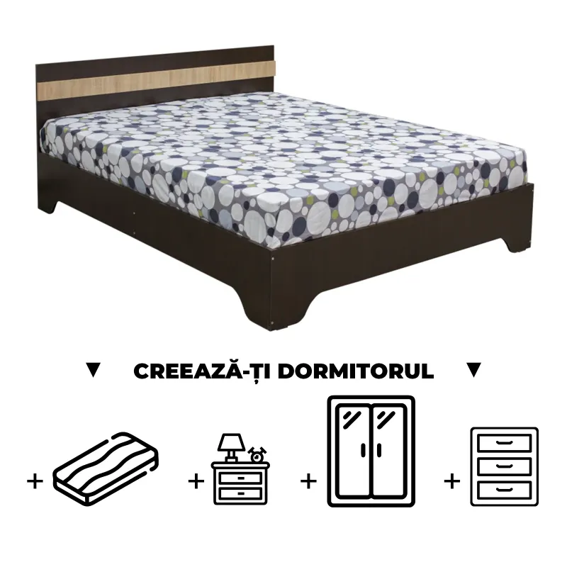 Creeaza-ti Dormitorul ALMA, sonoma inchis + sonoma deschis, de la Pat cu picioare Alma 140x200 cm, adauga Saltea, Noptiere, Comoda, Dulap
