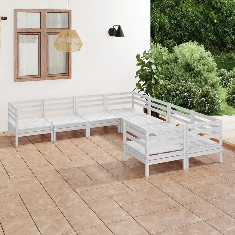 set mobilier de gradina, 8 piese, alb, lemn masiv de pin