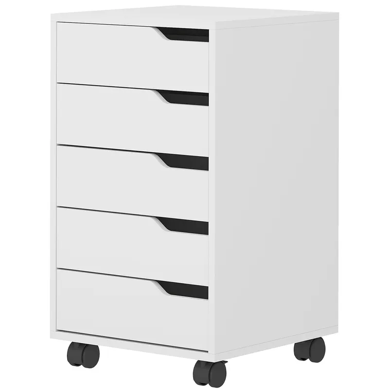 HOMCOM Corp mobil pentru birou cu 5 sertare, mobilier de depozitare pe roți pentru documente și imprimantă, Alb