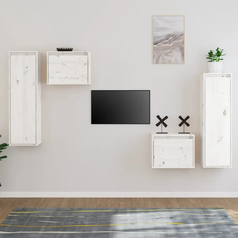 comode tv, alb, 4 buc., lemn masiv de pin