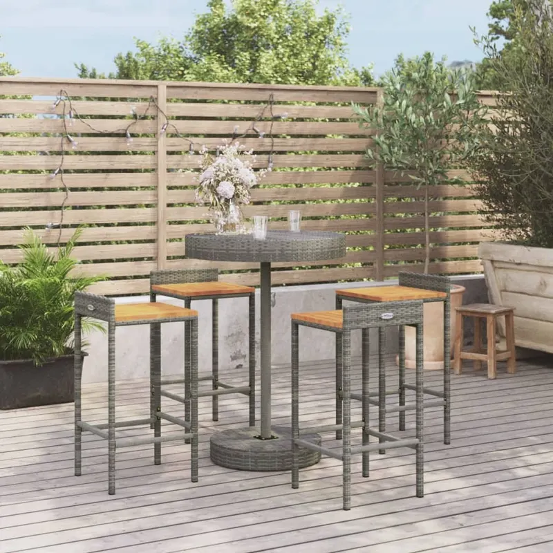 set bar pentru gradina, 5 piese, gri, poliratan/lemn acacia