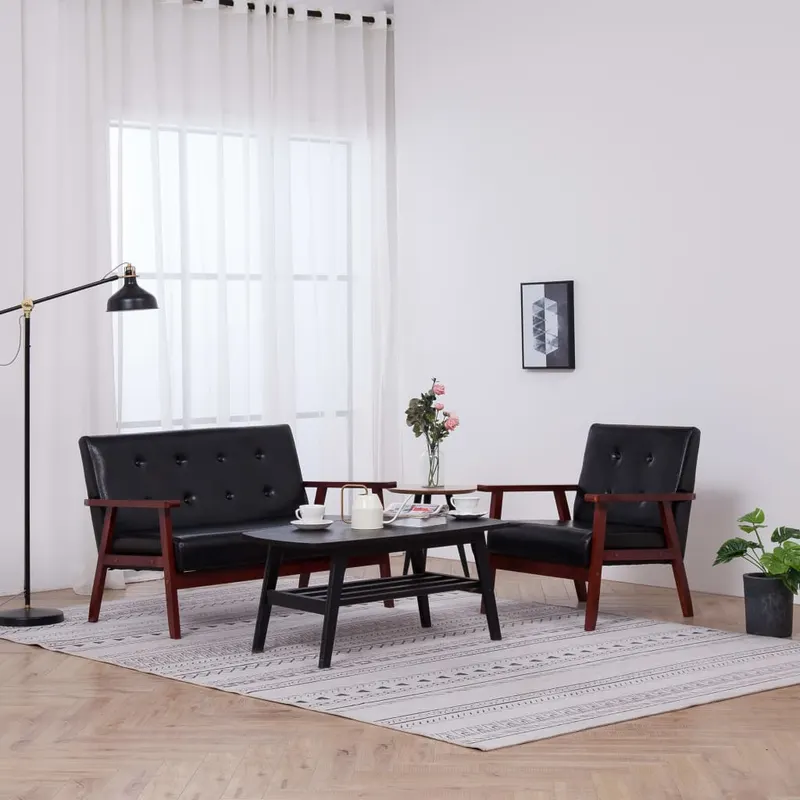 set canapea, 2 piese, negru, piele artificiala