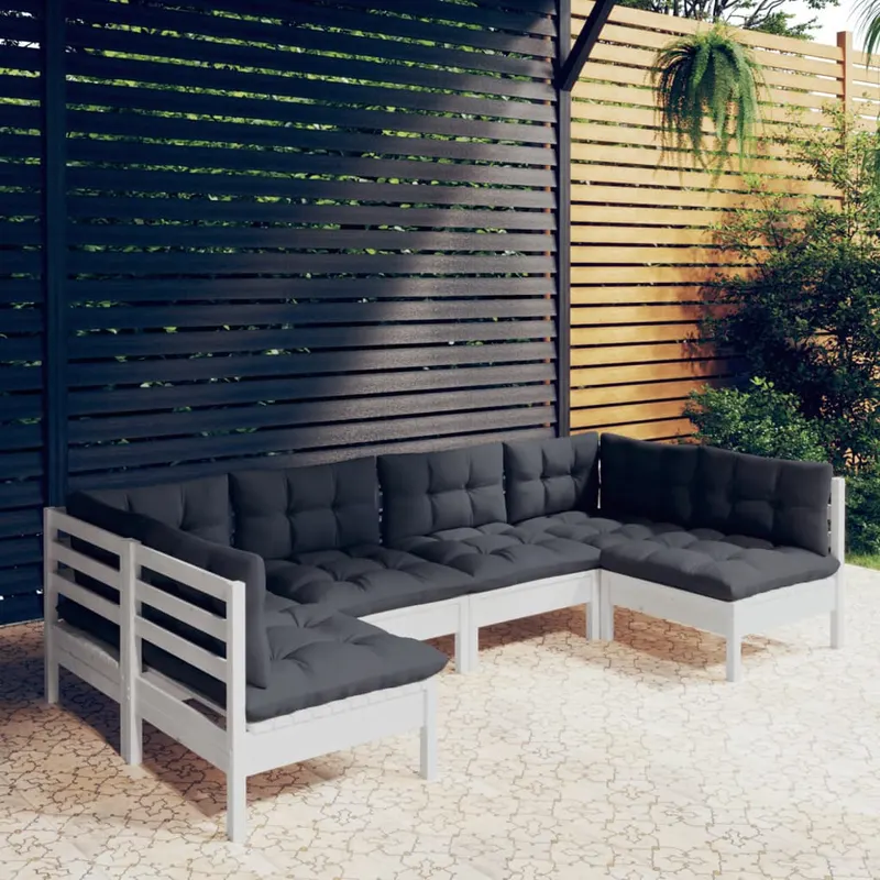 set mobilier gradina cu perne, 6 piese, alb, lemn masiv de pin