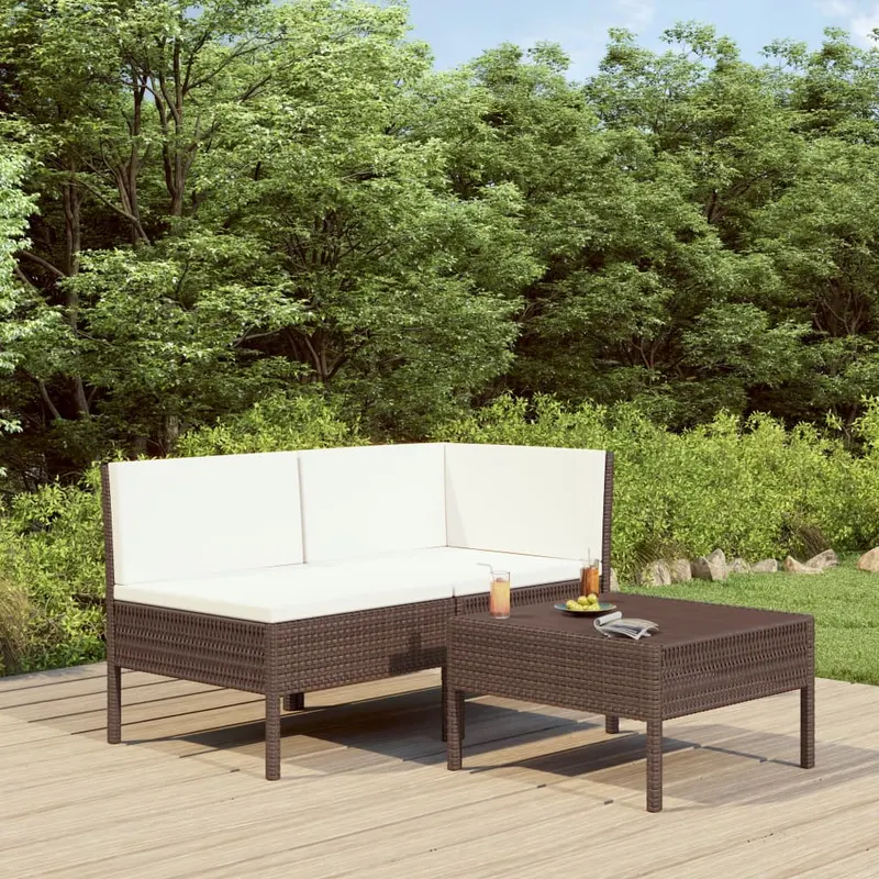 set mobilier relaxare gradina cu perne 3 piese maro poliratan