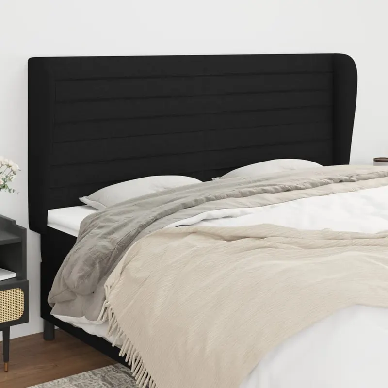 Tablie de pat cu aripioare, negru, 163x23x118/128 cm, textil