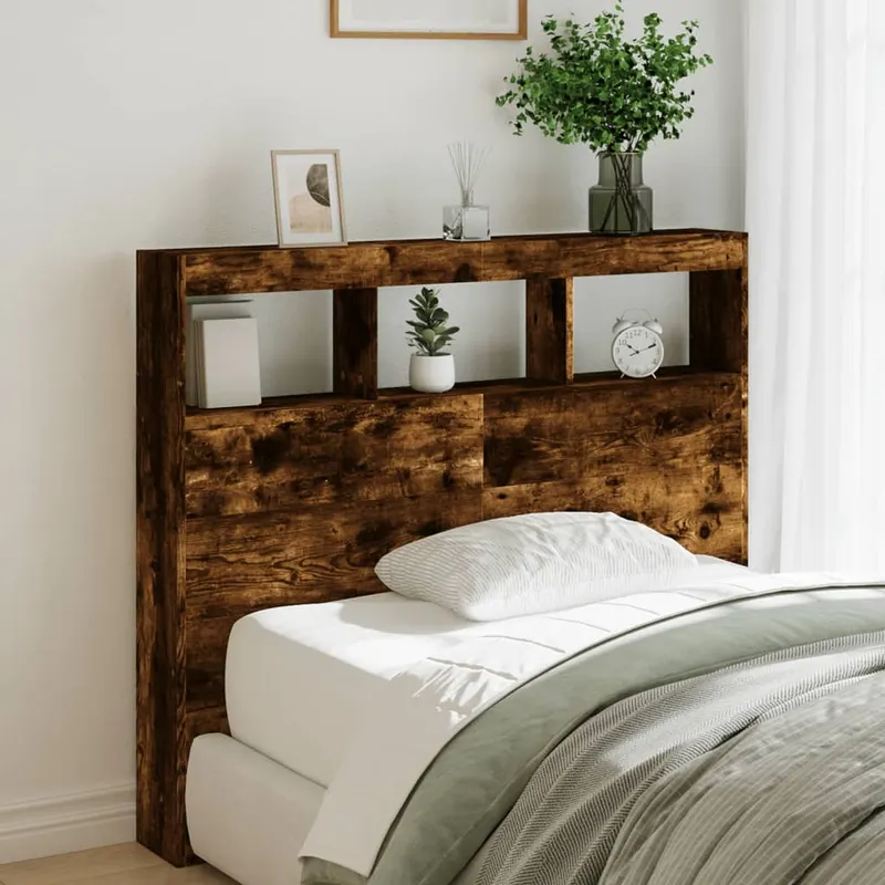 tablie de pat cu dulap si led, stejar fumuriu, 120x17x102 cm
