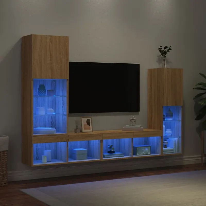 unitati de perete tv cu led-uri, 4 piese, stejar sonoma, lemn