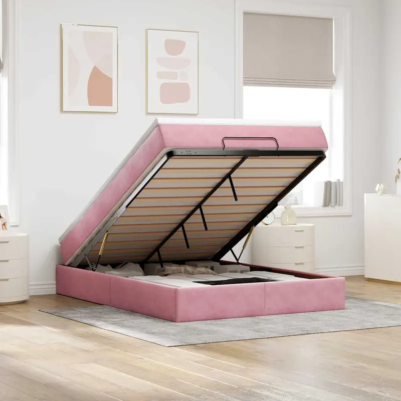 cadru de pat otoman cu saltea roz 140x200cm catifea