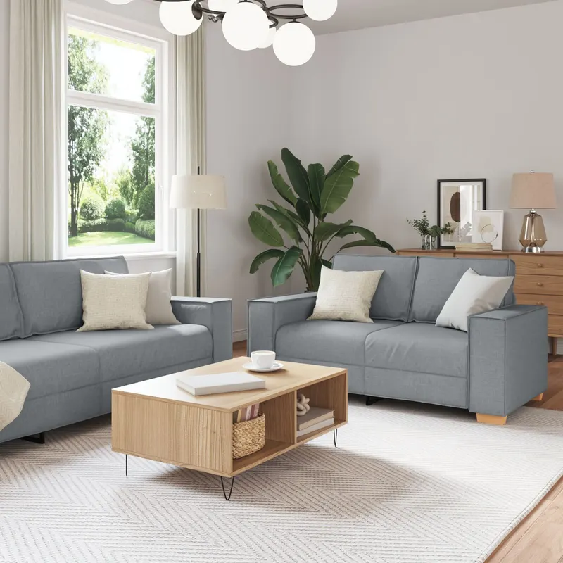 set canapea, 3 piese, perne gri deschis, textil