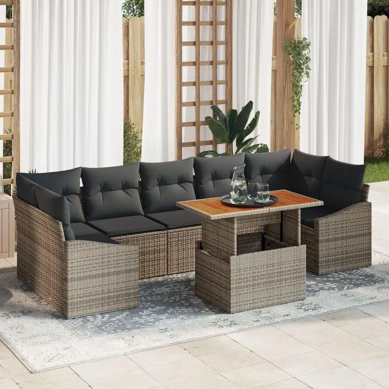 set canapea gradina cu 8 piese si perne gri ratan polimeric