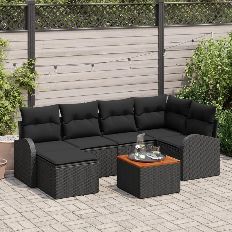Set de 7 piese pentru gradina cu perne negru poliratan acacia, sofa de gradina cu 2 locuri cu depozitare si perne negru poliratan