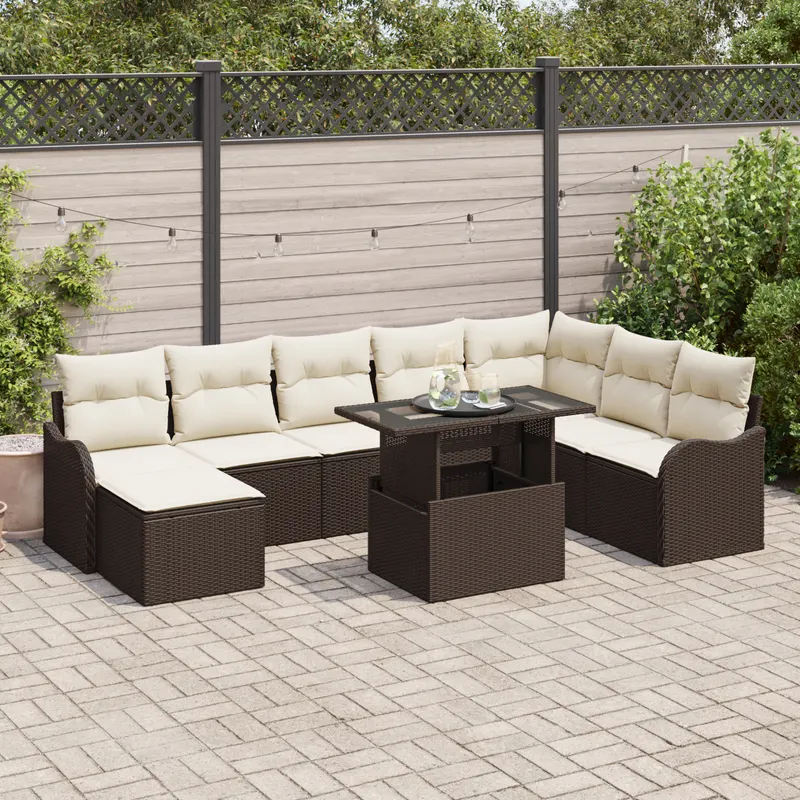 Set de sofa pentru gradina cu perne maro din ratan poliester, sofa pentru gradina cu doua locuri si perne maro din ratan poliester