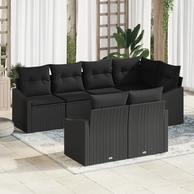 set de dining pentru gradina cu 7 piese si perne, ratan poly negru