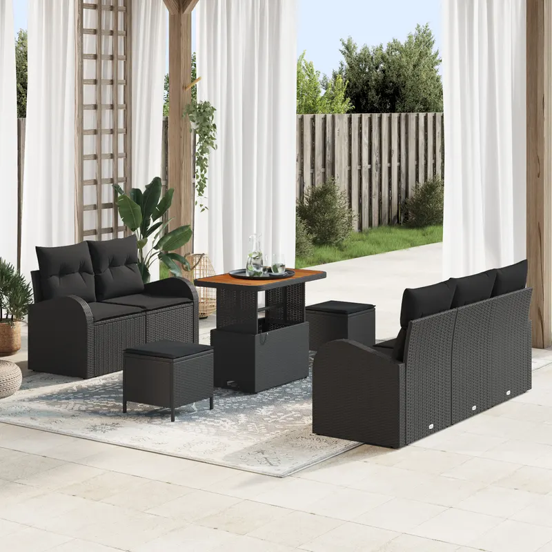 Set canapea gradina 8 piese cu pernute negru ratan polyal acacia, canapea gradina 2 locuri cu pernute negru ratan polyal, set masa gradina 3 piese cu pernute negru ratan polyal acacia